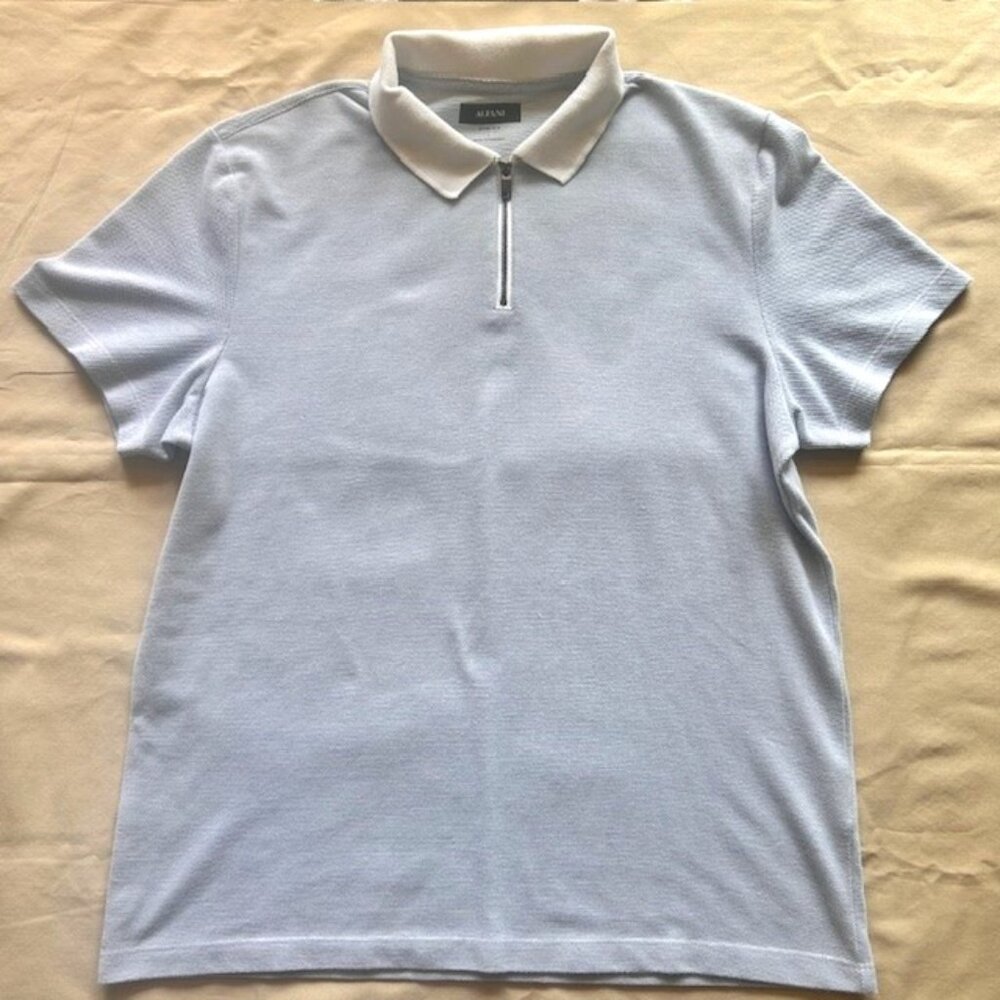 Alfani Mens Polo L Light Blue Stretch Zipper Short Sleeves White Collar read